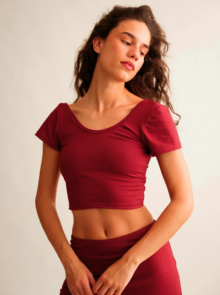 Ballerina Crop Top — Red scoop neck crop top on model — MYFASHIONFRUIT