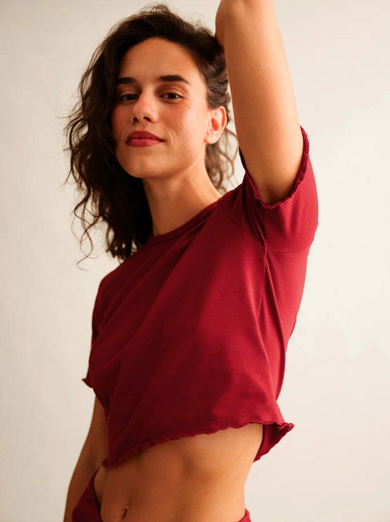 Rachel Baby Tee — Red, crop, lettuce hem on model — MYFASHIONFRUIT