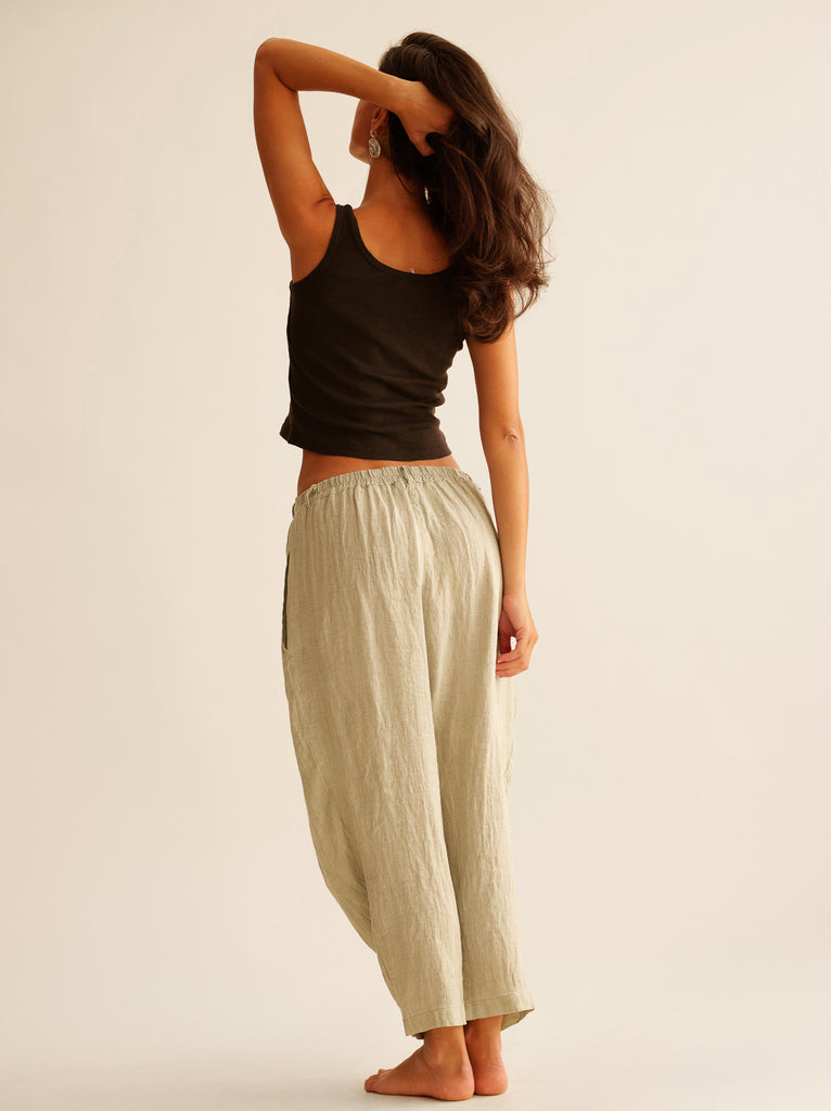 Sariah Pants — Beige linen pants with top on model — MYFASHIONFRUIT