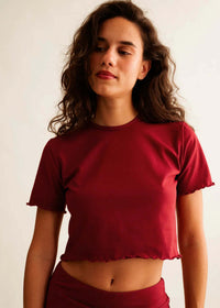 Rachel Baby Tee — On model, wine red crop top — MYFASHIONFRUIT