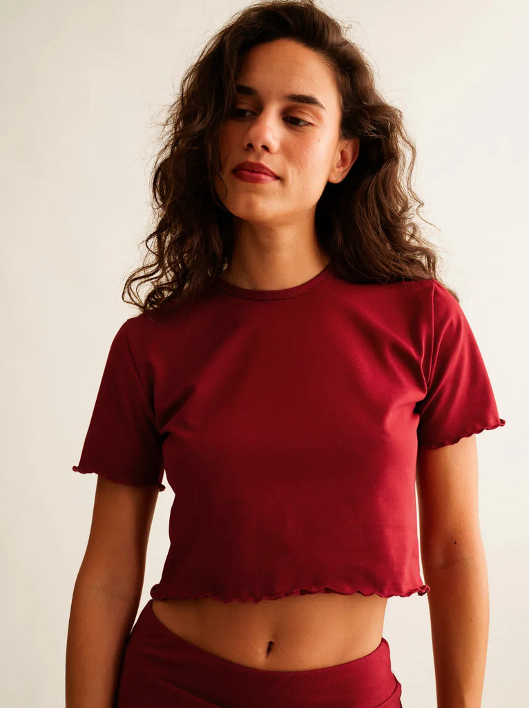 Rachel Baby Tee — On model, wine red crop top — MYFASHIONFRUIT
