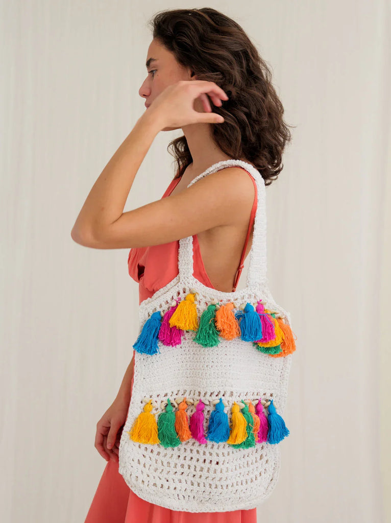 Azores Bag — White crochet tote with bright tassels on model — MYFASHIONFRUIT