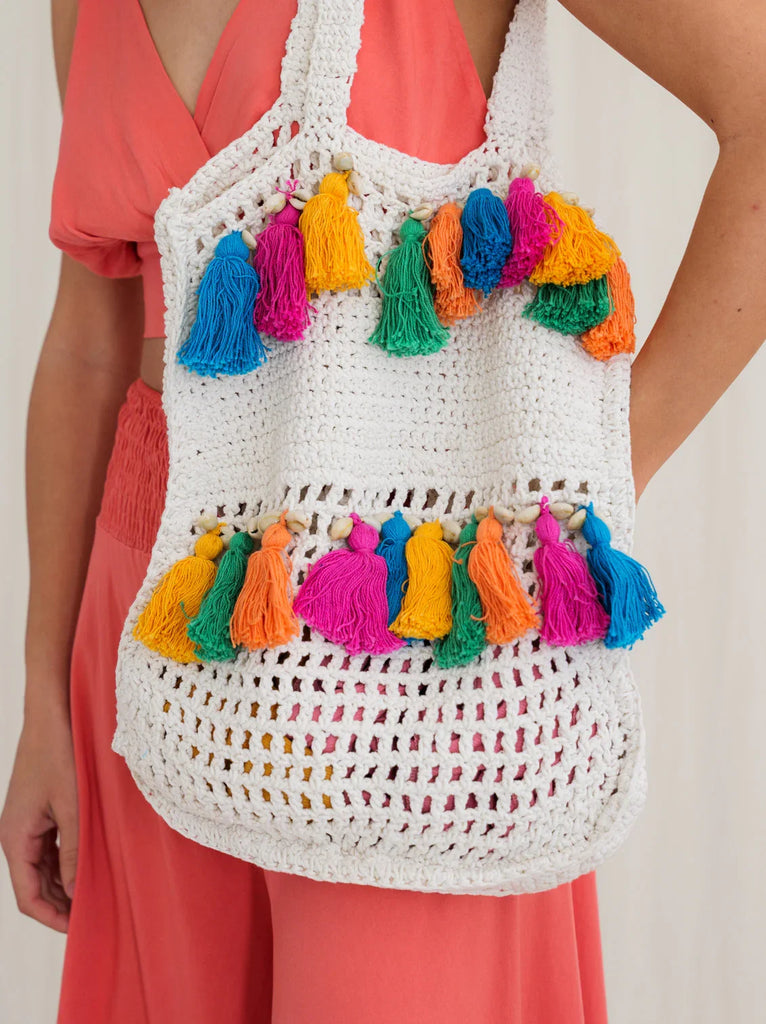 Azores Bag — Crochet bag with tassels on model — MYFASHIONFRUIT