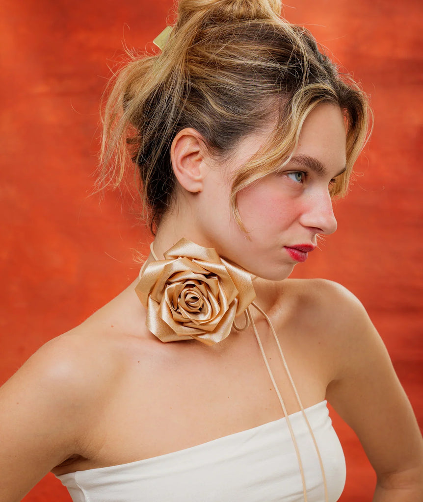 Bella Rose Necklace — Gold rose on model — MYFASHIONFRUIT