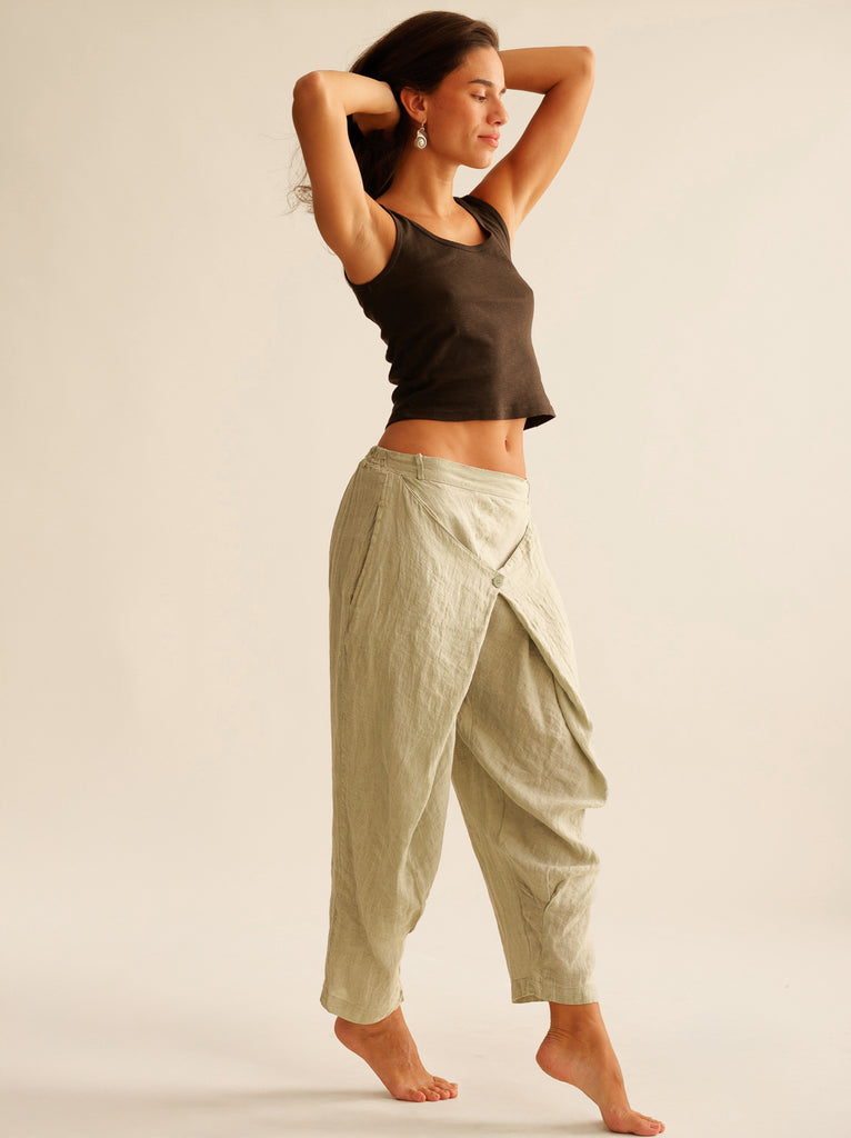 Sariah Pants — Light green linen pants on model with a wrap detail — MYFASHIONFRUIT