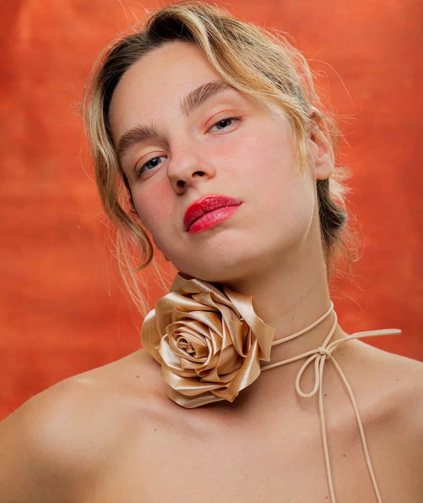 Bella Rose Necklace — Gold rose choker on model — MYFASHIONFRUIT
