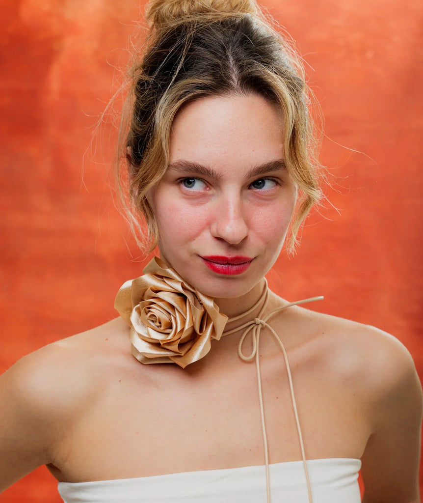 Bella Rose Necklace — Gold rose choker on model — MYFASHIONFRUIT