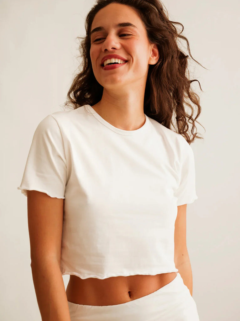 Rachel Baby Tee — White crop top on model — MYFASHIONFRUIT