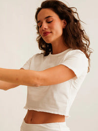 Rachel Baby Tee — White tee with lettuce hem on model — MYFASHIONFRUIT