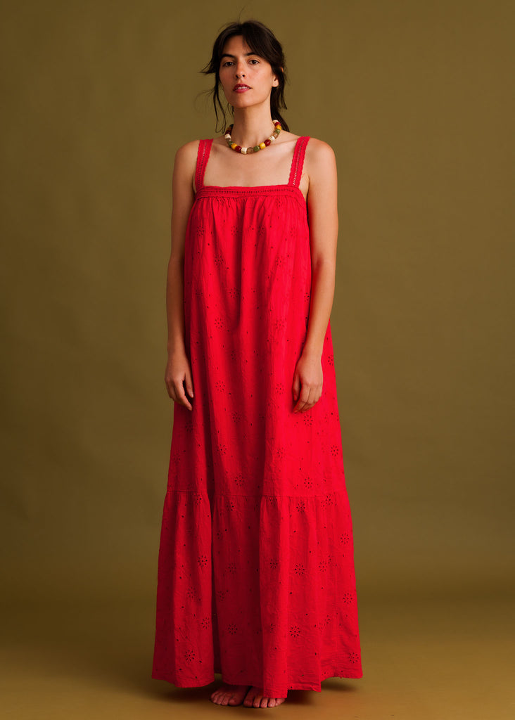 Nazara Dress — Red eyelet maxi dress on model — MYFASHIONFRUIT