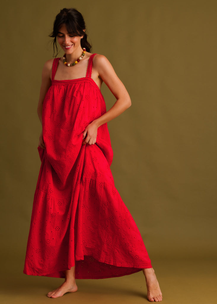 Nazara Dress — Red eyelet maxi dress on model — MYFASHIONFRUIT