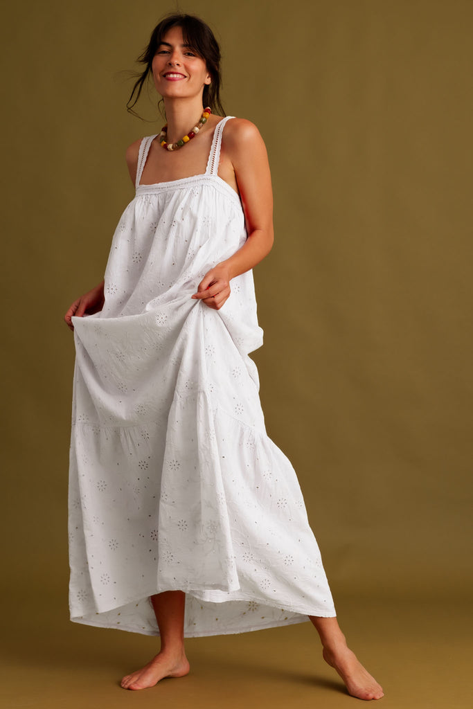 Nazara Dress — Model in white eyelet maxi dress — MYFASHIONFRUIT