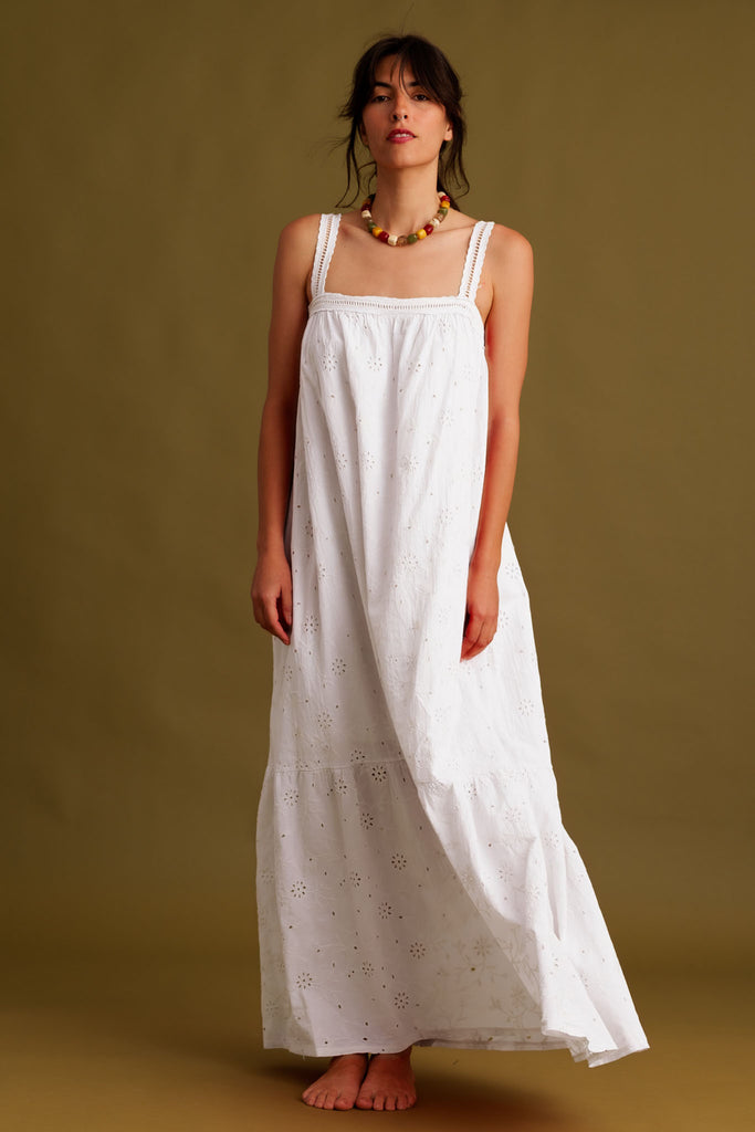 Nazara Dress — White cotton eyelet maxi dress on model — MYFASHIONFRUIT