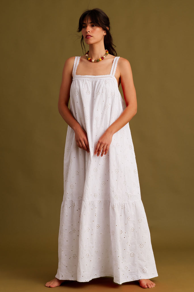 Nazara Dress — White eyelet maxi dress on model — MYFASHIONFRUIT