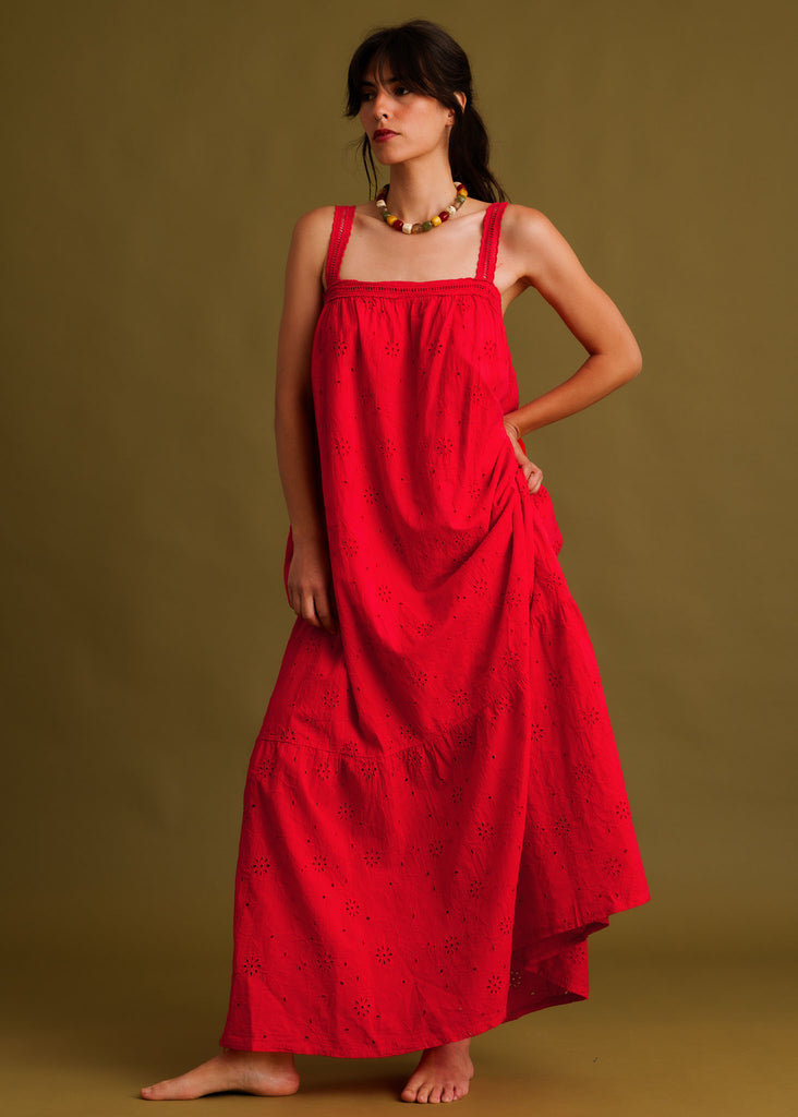 Nazara Dress — Red embroidered maxi dress on model — MYFASHIONFRUIT