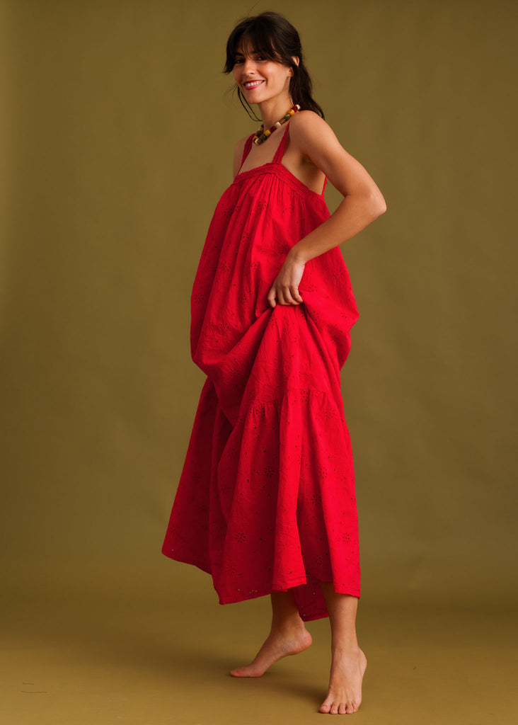 Nazara Dress — Red eyelet maxi dress on model — MYFASHIONFRUIT