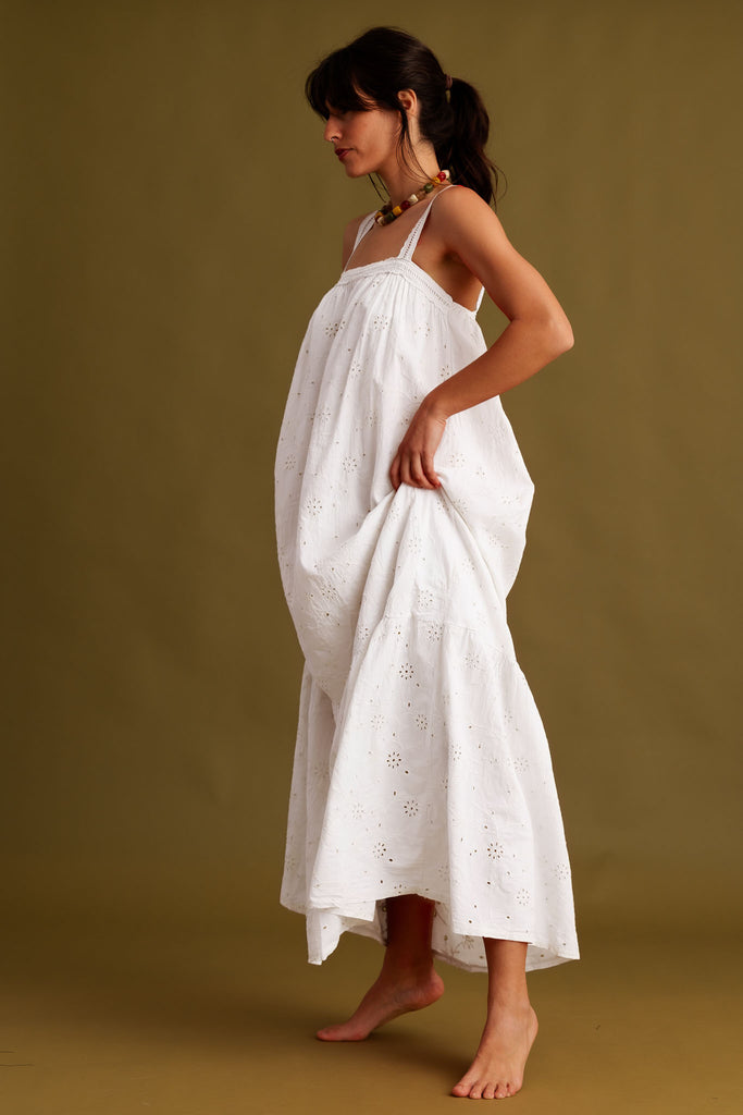 Nazara Dress — White eyelet dress on model — MYFASHIONFRUIT