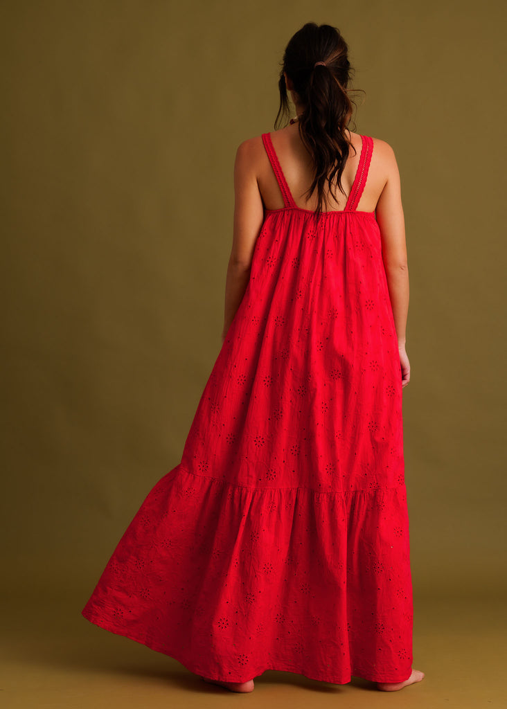 Nazara Dress — red eyelet maxi on model, back view — MYFASHIONFRUIT