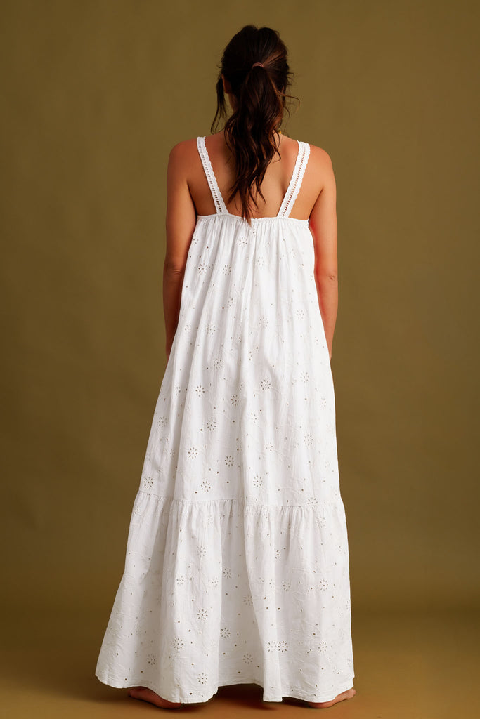 Nazara Dress — White embroidered cotton maxi dress on model — MYFASHIONFRUIT