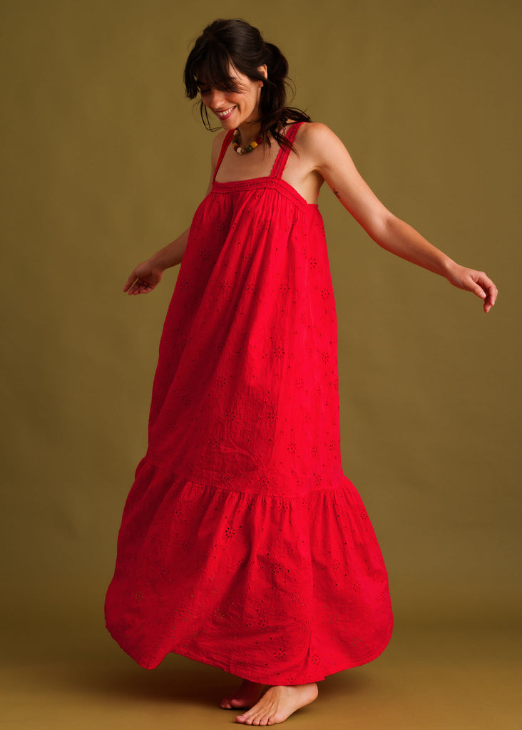 Nazara Dress — Model wearing red eyelet maxi dress — MYFASHIONFRUIT