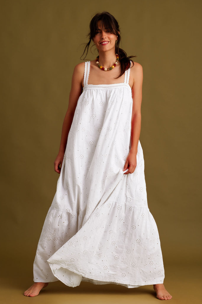 Nazara Dress — White cotton dress with eyelet detail on model — MYFASHIONFRUIT