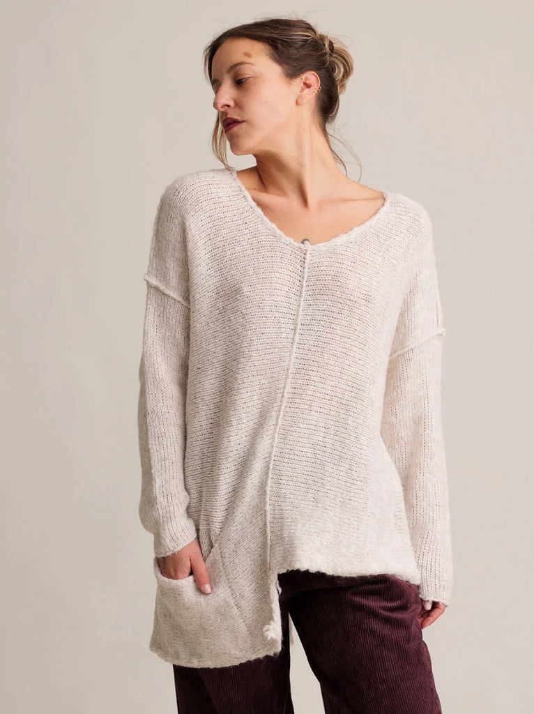 Lise Sweater — Cream knit v-neck with pocket on model — MYFASHIONFRUIT