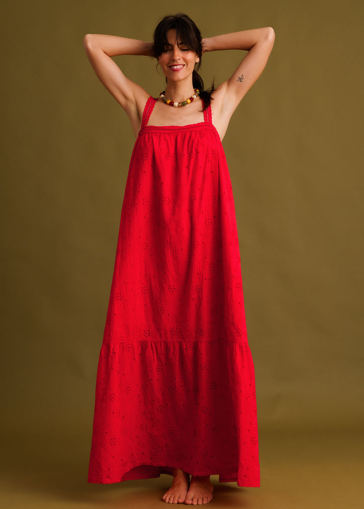 Nazara Dress — Red eyelet maxi dress on model — MYFASHIONFRUIT
