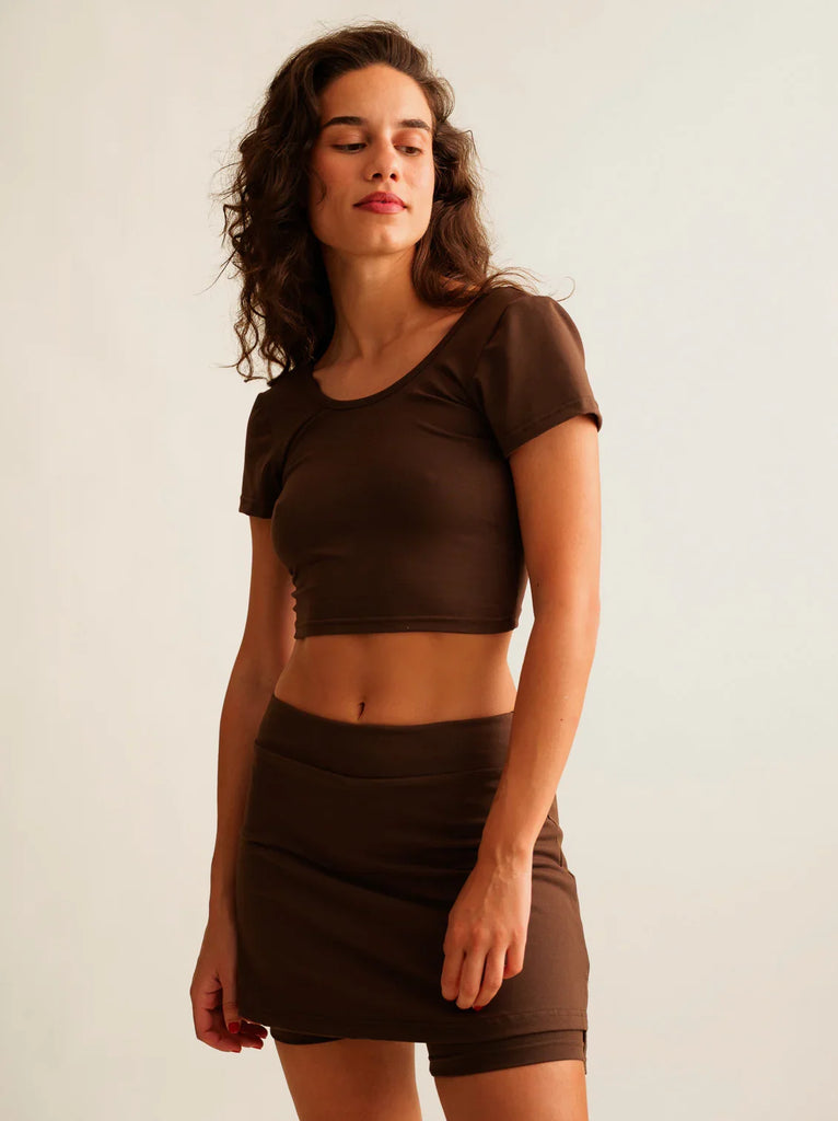 Madison Skirt — Brown skirt with shorts underneath, on model — MYFASHIONFRUIT