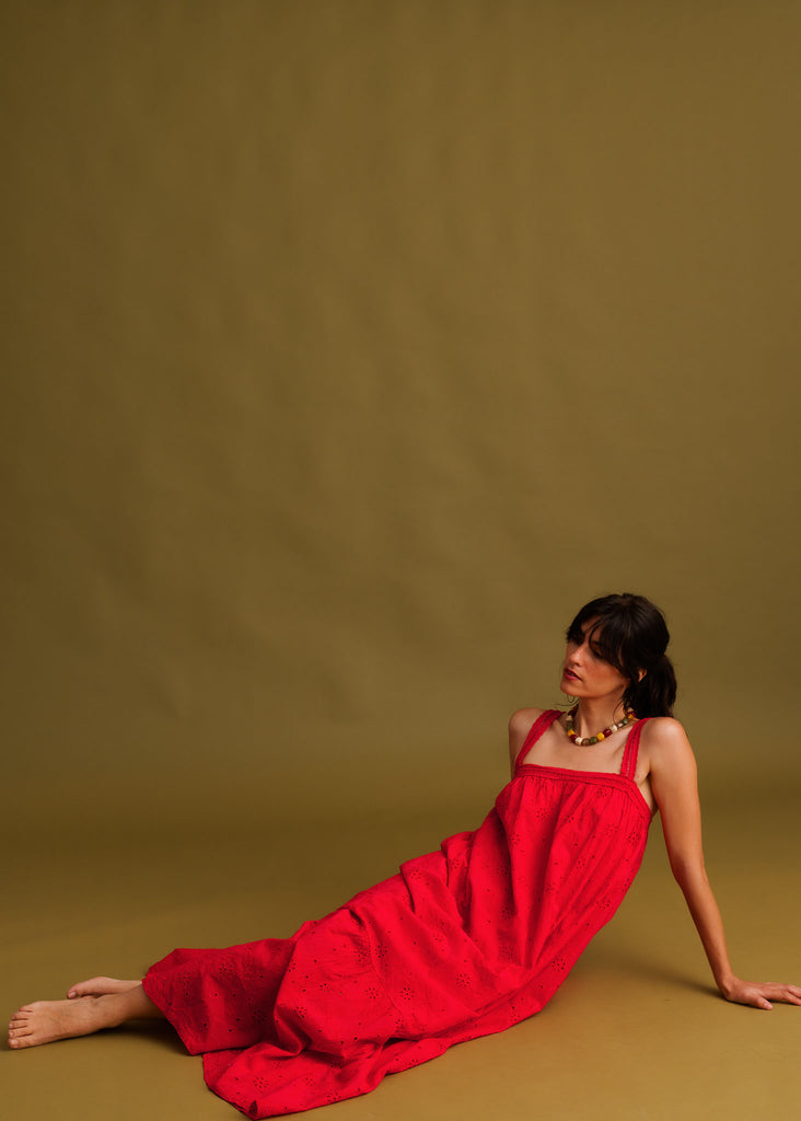 Nazara Dress — Red eyelet dress on model — MYFASHIONFRUIT