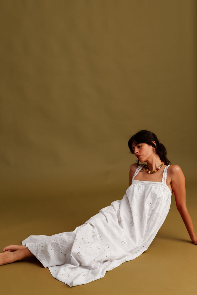 Nazara Dress — White cotton eyelet dress on model — MYFASHIONFRUIT