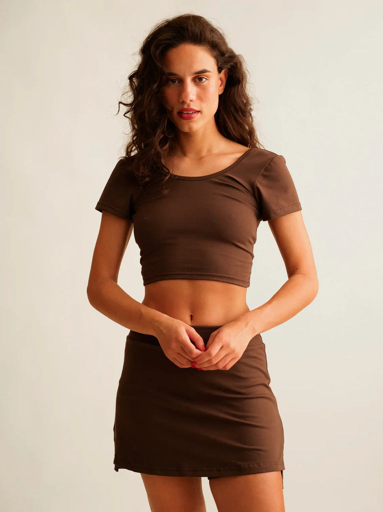 Madison Skirt — Brown mini skirt on model — MYFASHIONFRUIT