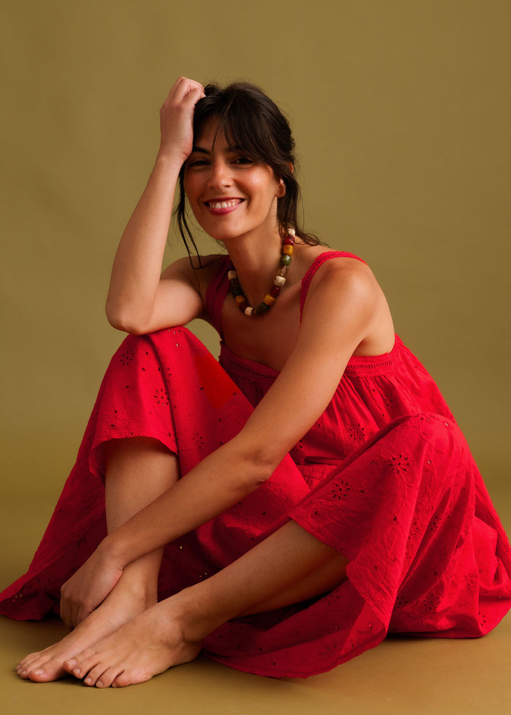 Nazara Dress — Red eyelet dress on model — MYFASHIONFRUIT