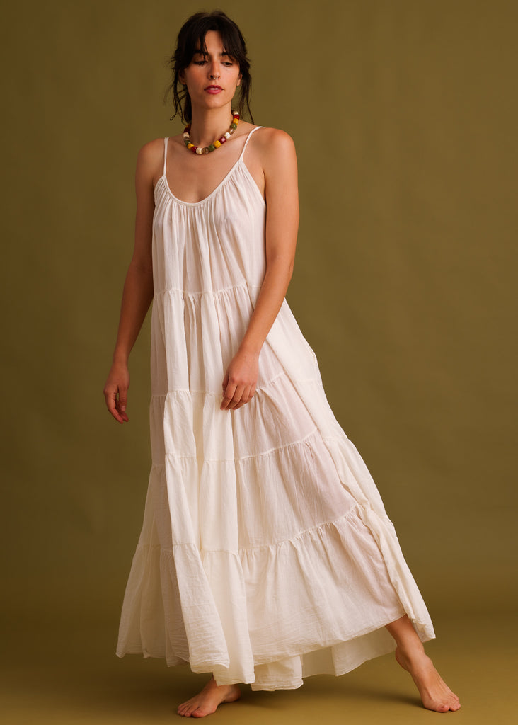 Hannah Dress — White tiered cotton dress on model — MYFASHIONFRUIT