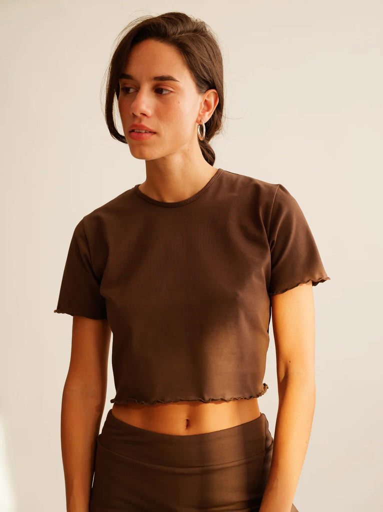 Rachel Baby Tee — Brown, lettuce hem on model — MYFASHIONFRUIT