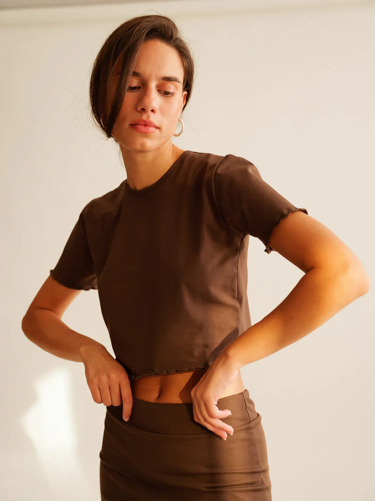 Rachel Baby Tee — Brown tee on model — MYFASHIONFRUIT
