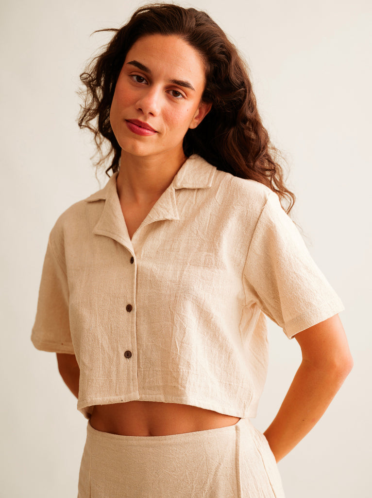 Casha Shirt — Beige linen button-up shirt on model — MYFASHIONFRUIT