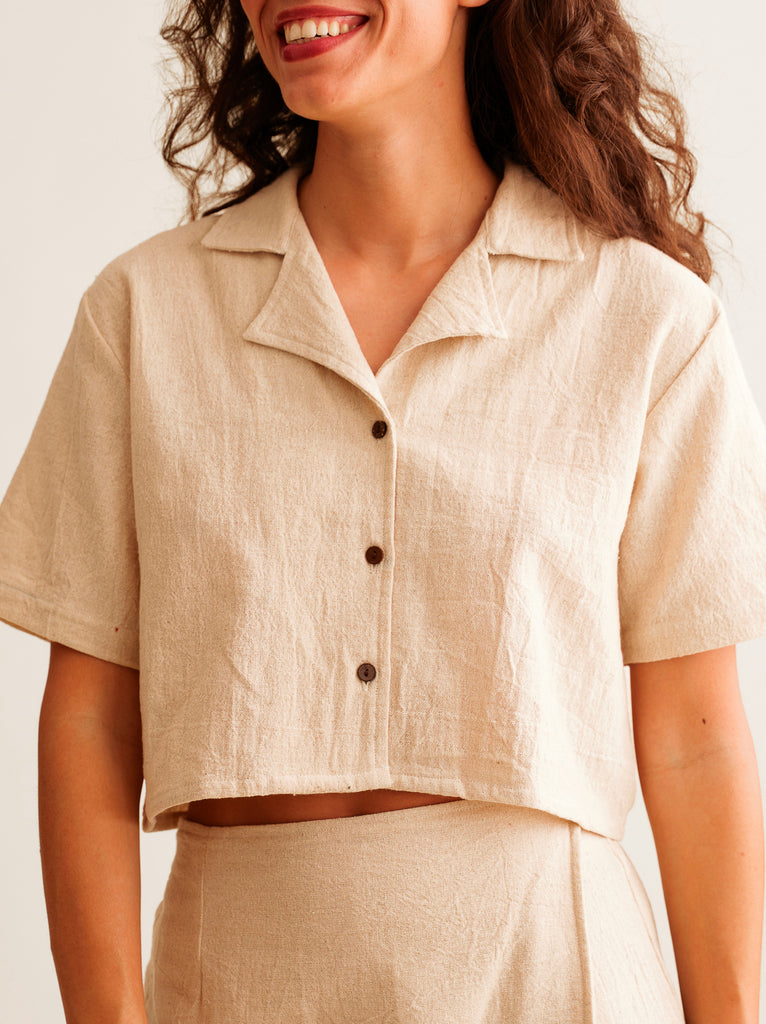 Casha Shirt — Beige linen shirt, on model — MYFASHIONFRUIT