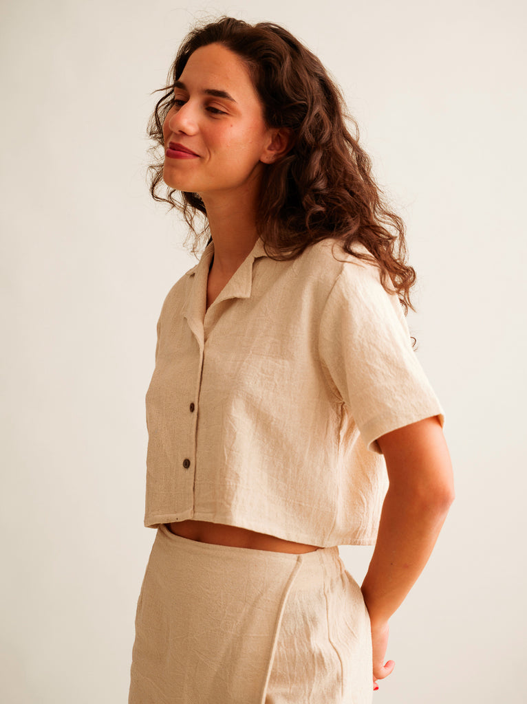 Casha Shirt — Beige linen shirt and skirt set on model — MYFASHIONFRUIT