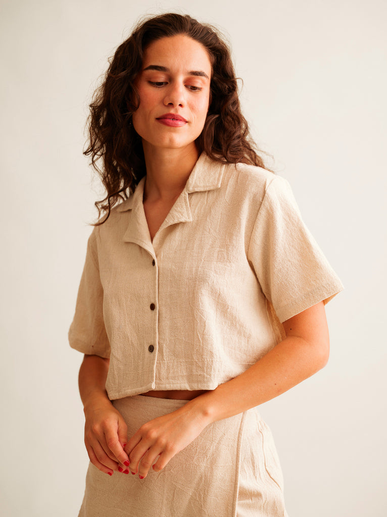 Casha Shirt — Beige linen shirt on model — MYFASHIONFRUIT