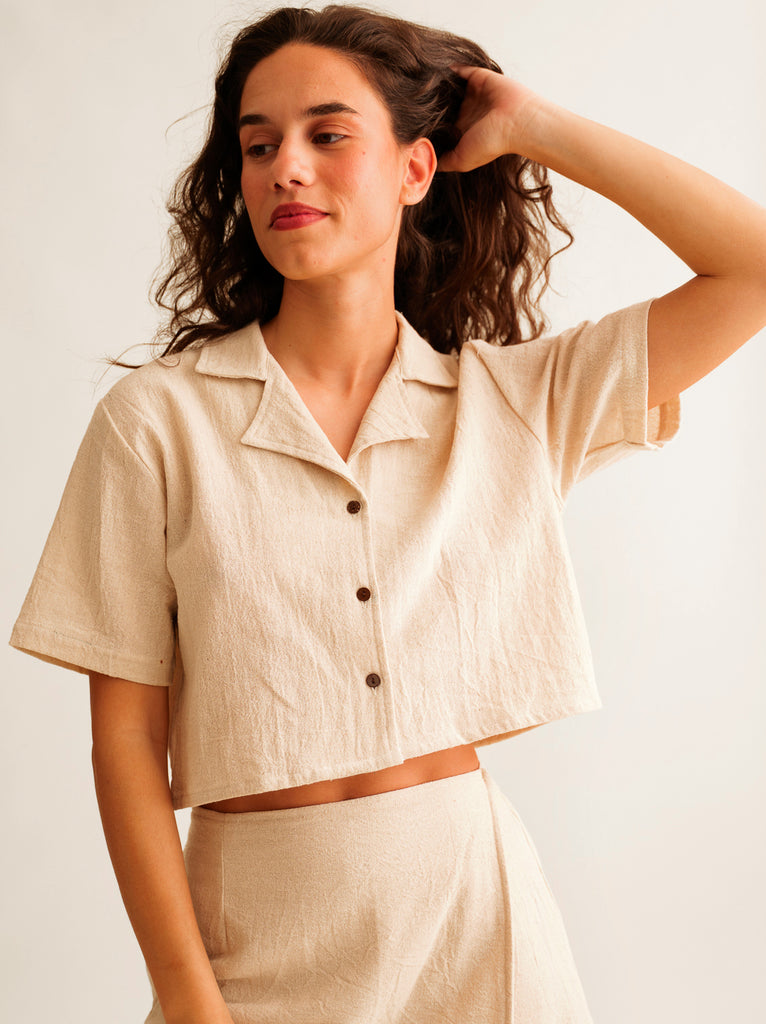 Casha Shirt — Beige linen shirt, on model — MYFASHIONFRUIT