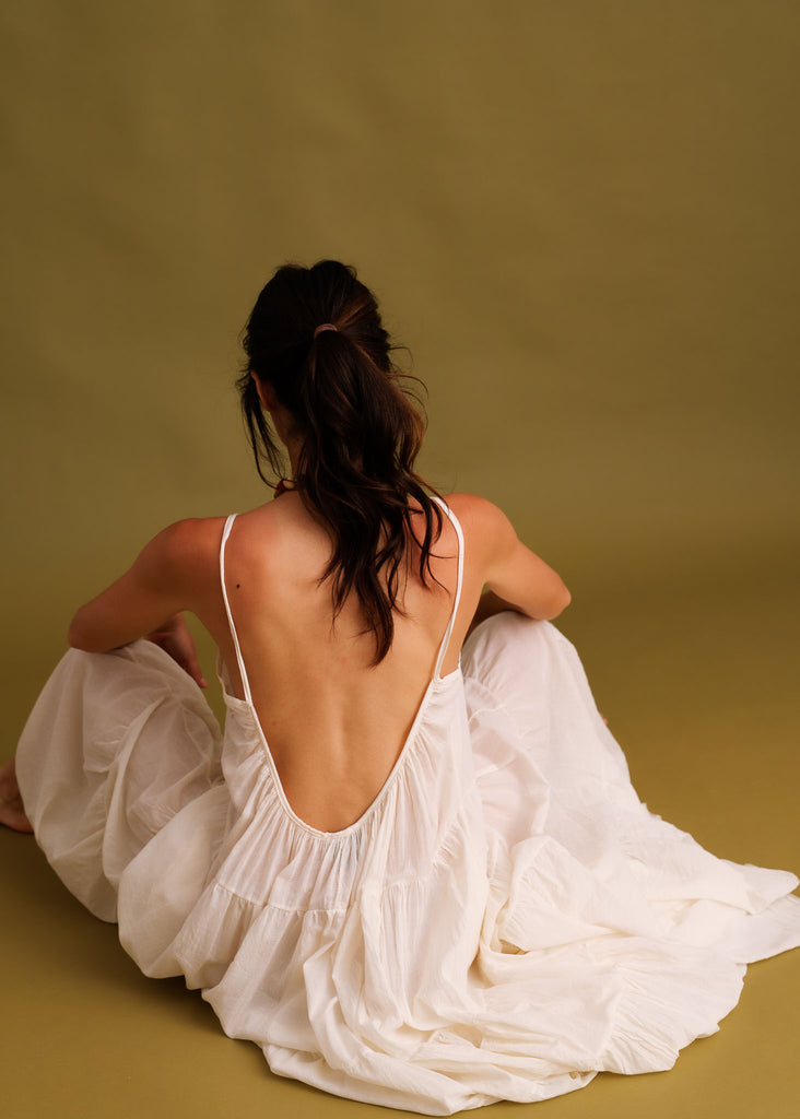 Hannah Dress — Cream dress on model, back view — MYFASHIONFRUIT