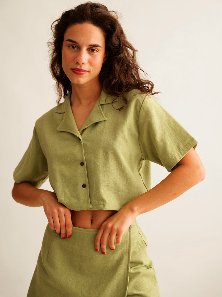 Casha Shirt — Light green linen shirt on model — MYFASHIONFRUIT