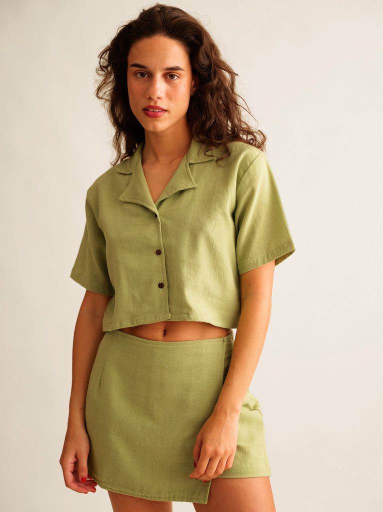 Casha Shirt — Green linen shirt and skirt on model— MYFASHIONFRUIT