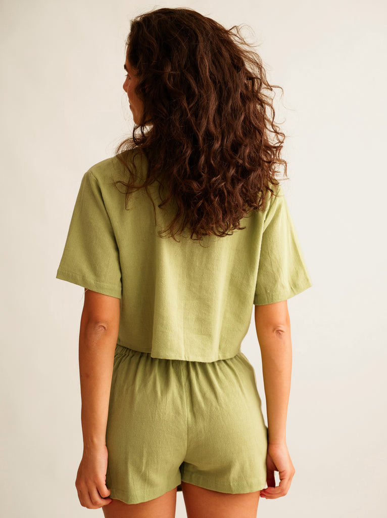 Casha Shirt — Light green cropped shirt and shorts set on model — MYFASHIONFRUIT