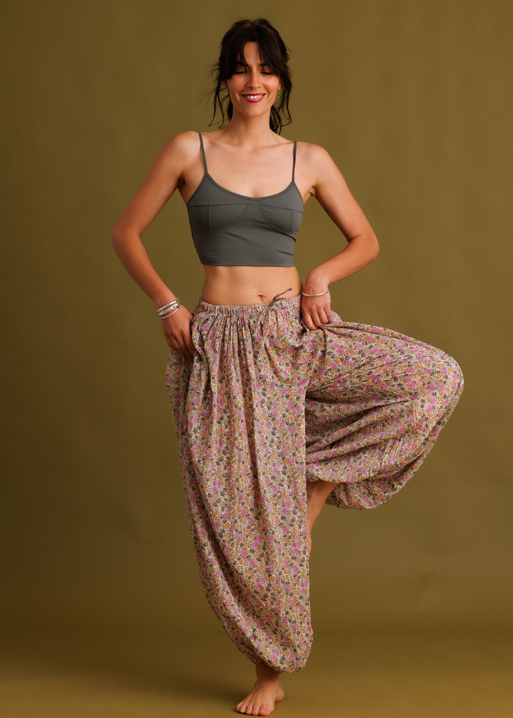Callie Pants — Floral print harem pants on model, sage green crop top — MYFASHIONFRUIT