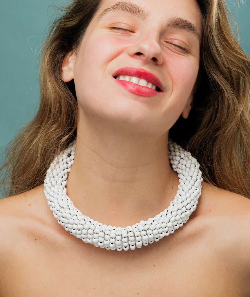 Guadalupe Necklace — White beaded necklace on model — MYFASHIONFRUIT