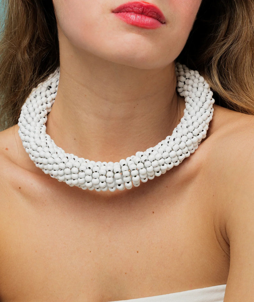 Guadalupe Necklace — White beaded necklace on model — MYFASHIONFRUIT