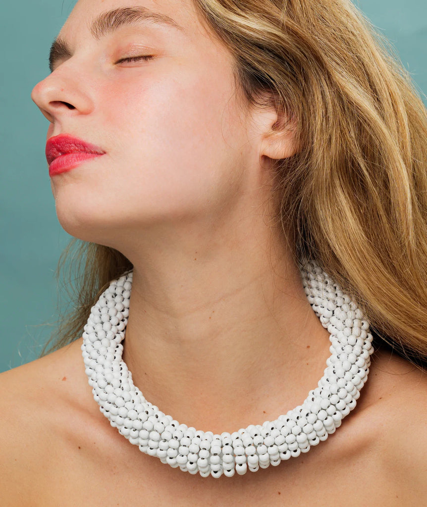 Guadalupe Necklace — White beaded necklace on model — MYFASHIONFRUIT