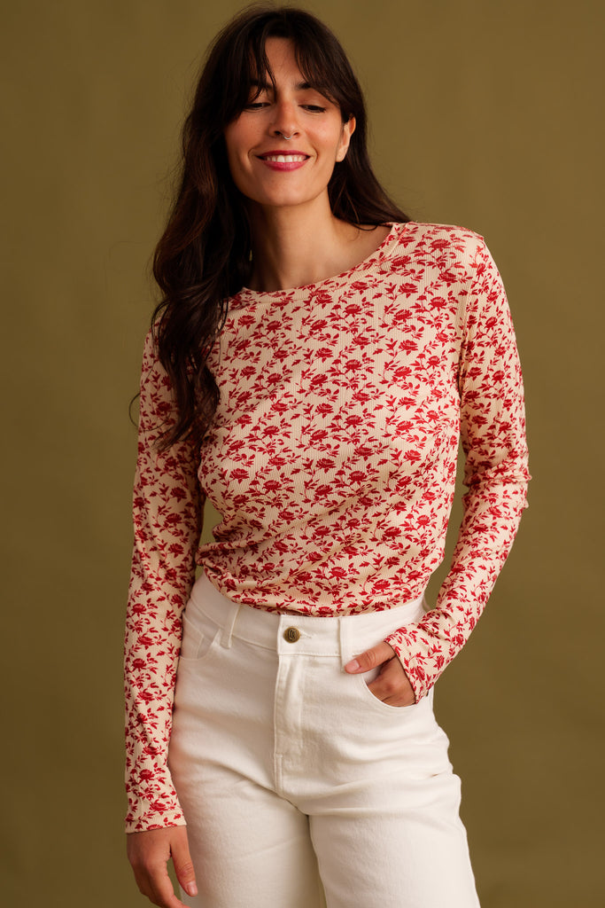 Matilda Top — Floral top in red on model — MYFASHIONFRUIT
