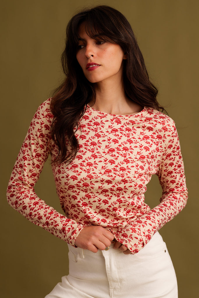 Matilda Top — Floral red top on model — MYFASHIONFRUIT